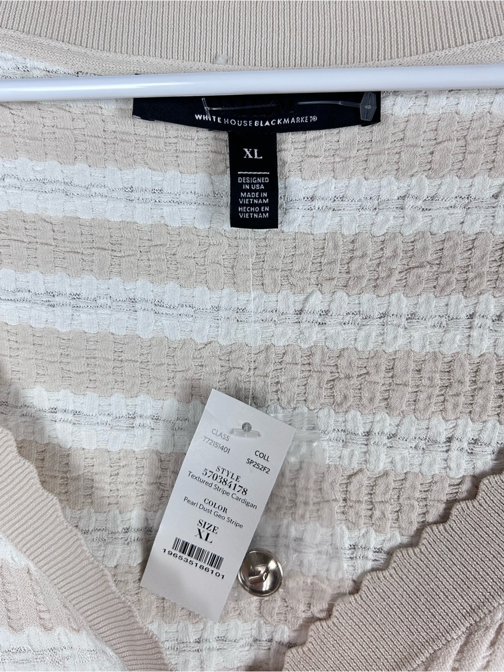 WHBM Textured Stripe Cardigan XL NWT Pearl Dust Geo Stripe Scallop Trim - Picture 5 of 8